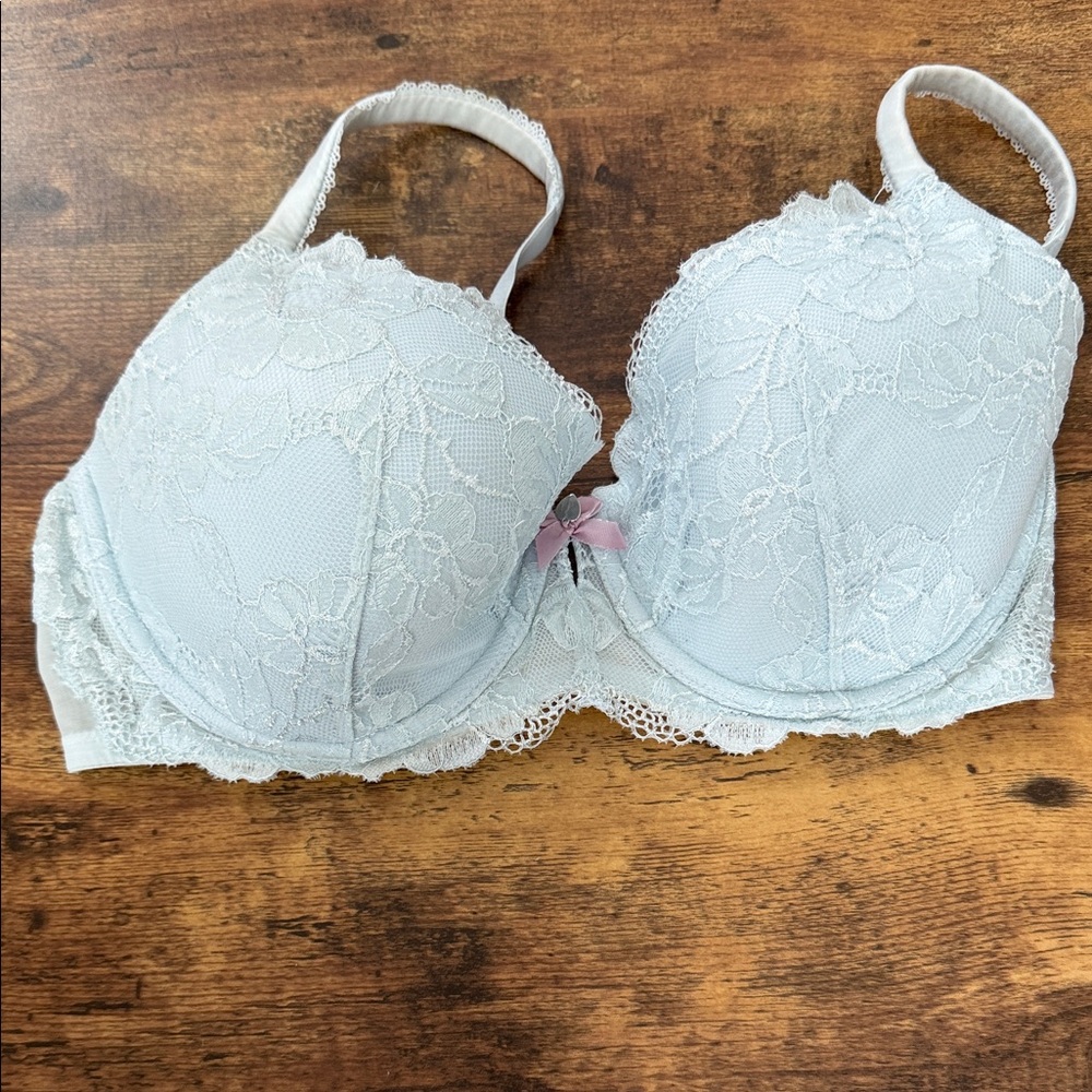 Victoria's Secret Light Blue Lace Push-Up Bra with Pink Bow